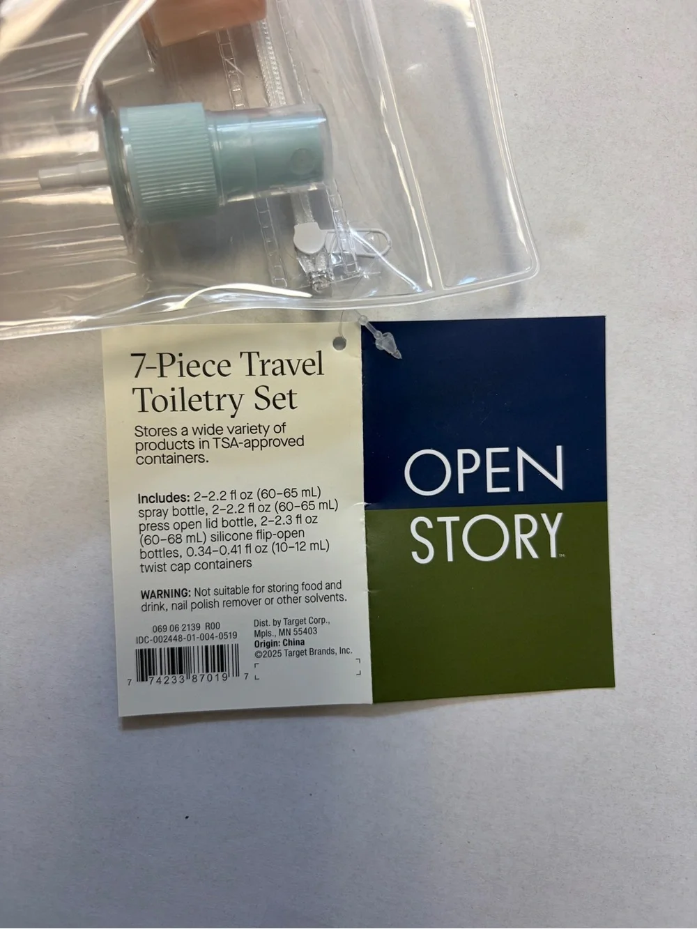Open Story 7-Piece TSA Approved Travel Toiletry Bottle Set w/ Clear Zip Bag New